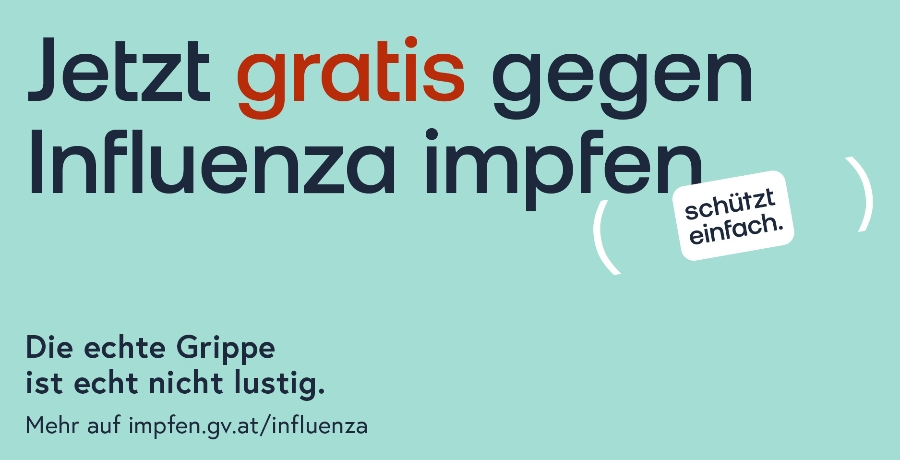 Werbesujet für die Influenza-Impfung, Text: "Jetzt gratis gegen Influenza impfen. Schützt einfach."